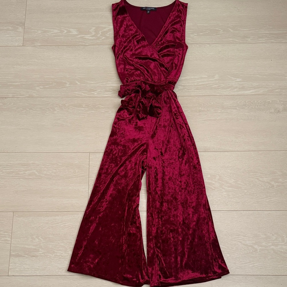 one clothing Velvet Sleeveless Wrap Jumpsuit in Burgundy